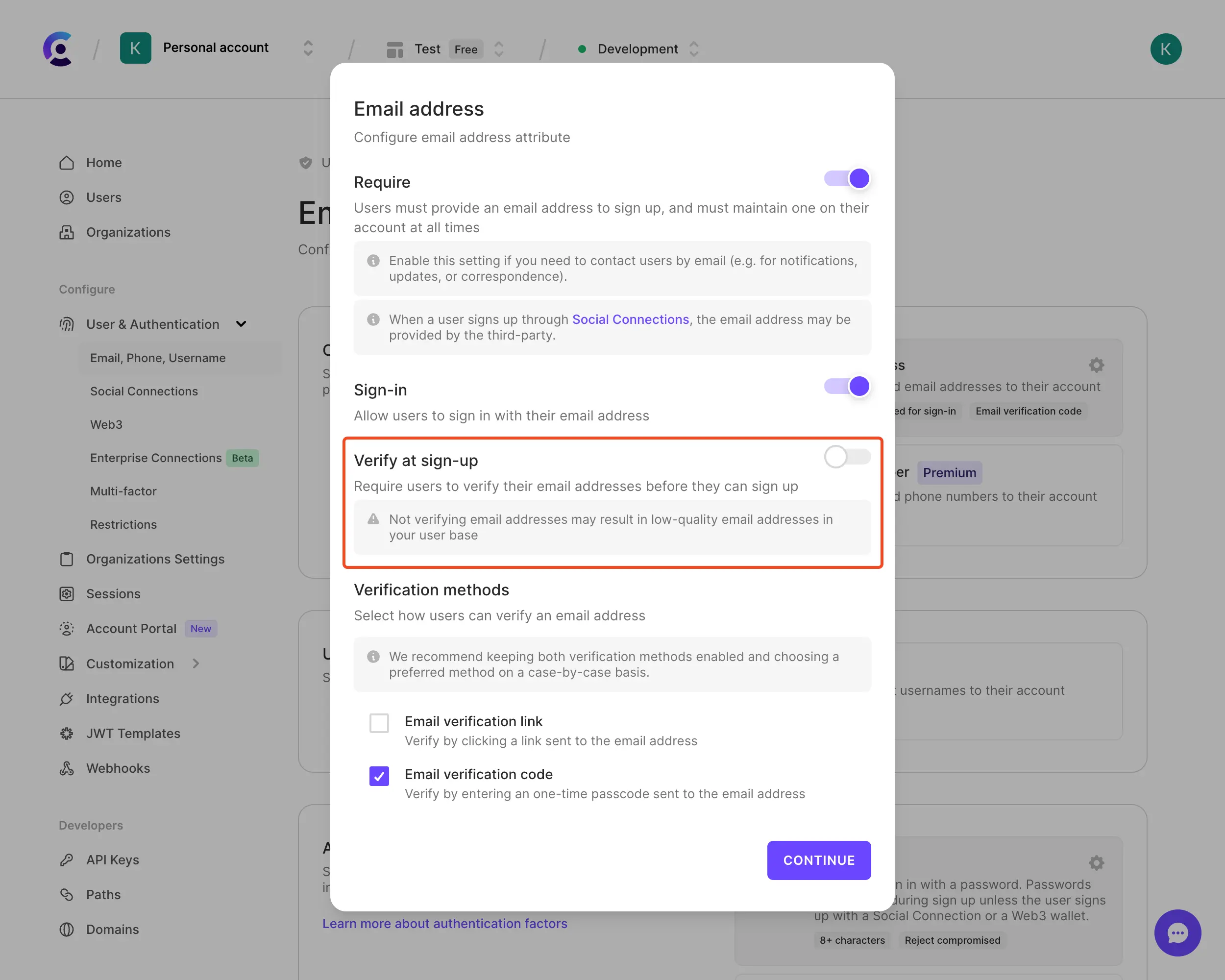 Verify at sign-up toggle in the Clerk Dashboard