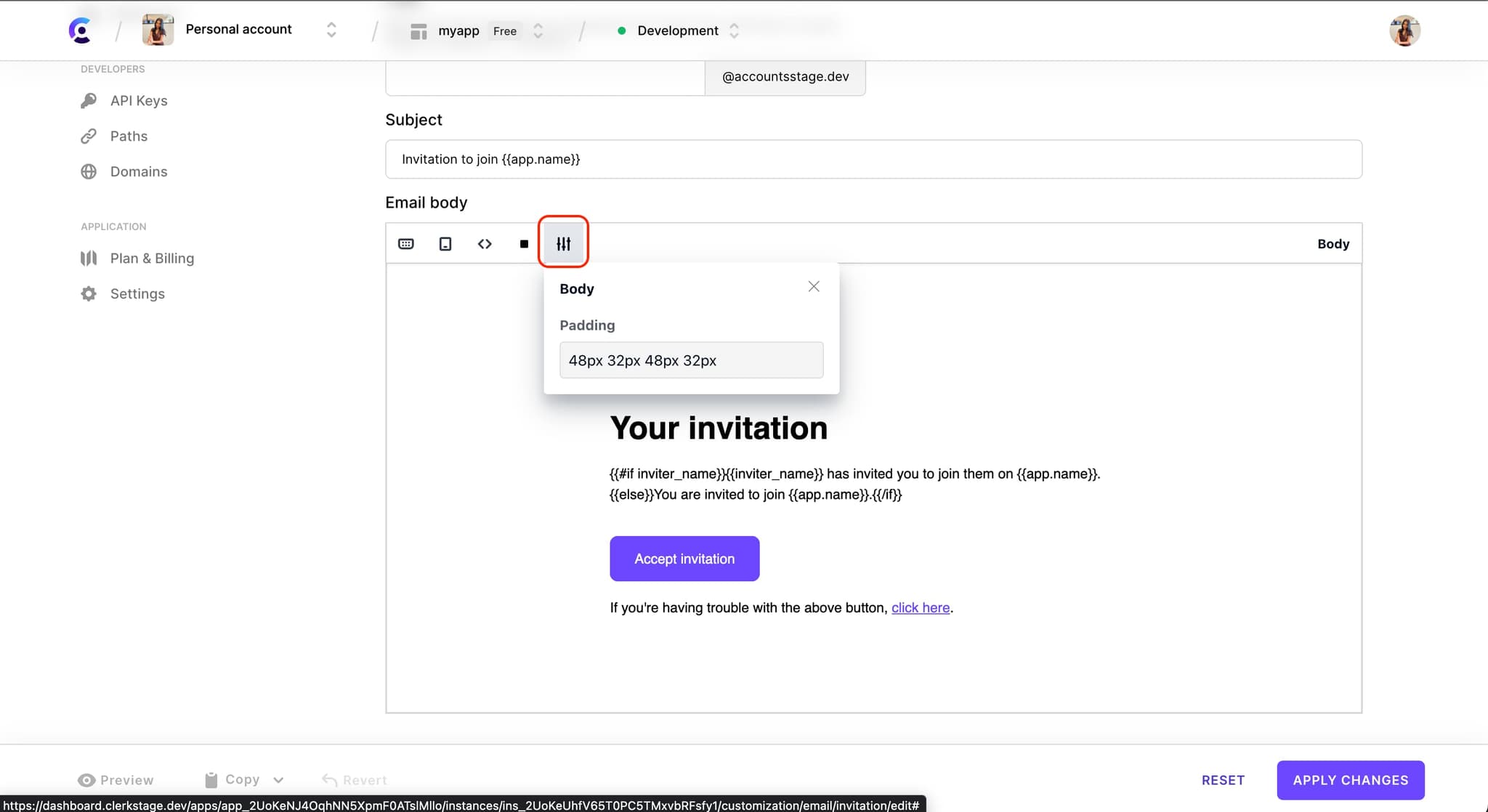 The 'Invitation' email template customization page. There is a red box around the 'Settings' icon in the toolbar of the 'Email body' WYSIWG editor.