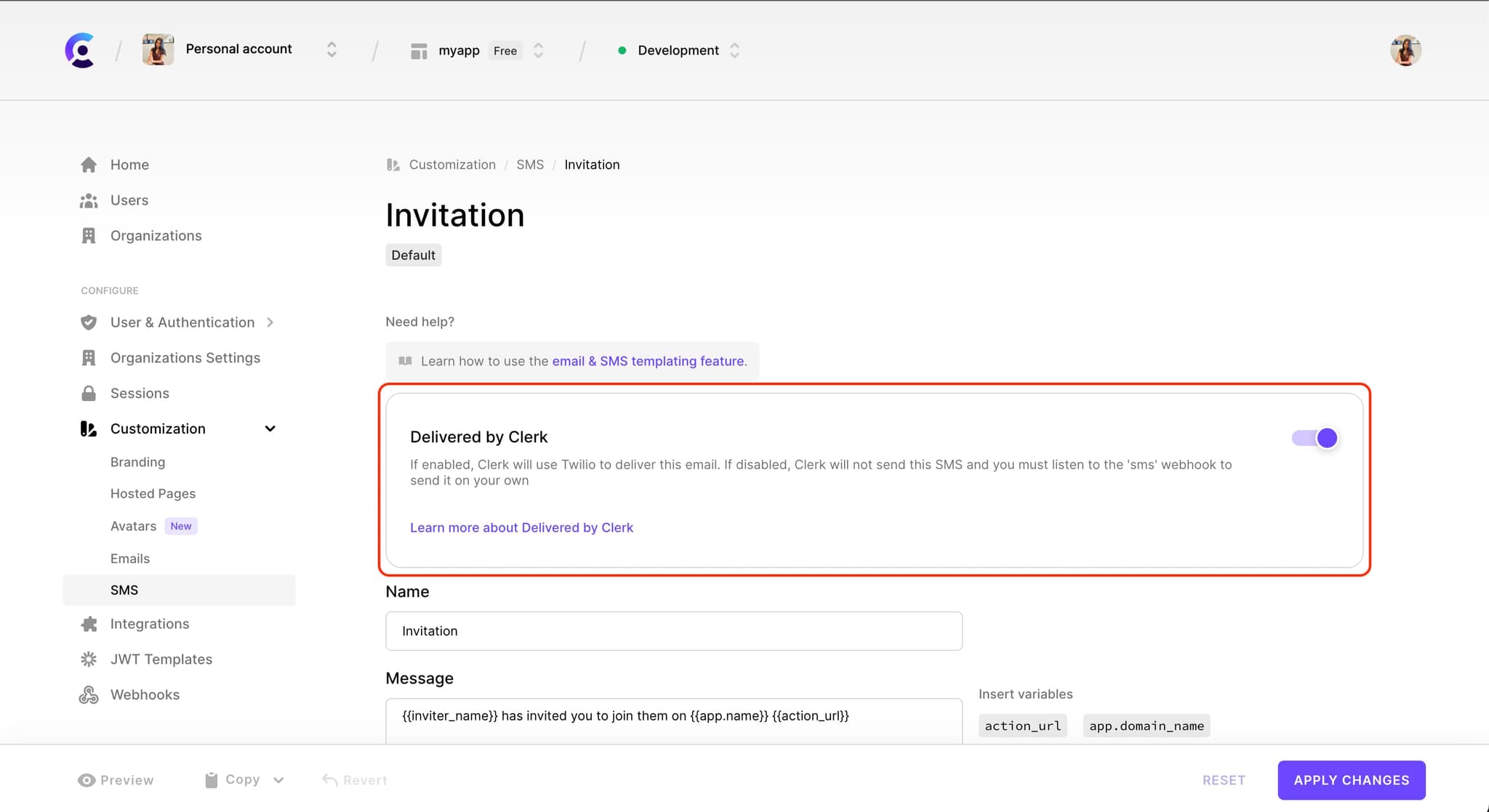 The 'Invitation' SMS template customization page. There is a red box around the 'Delivered by Clerk' section.