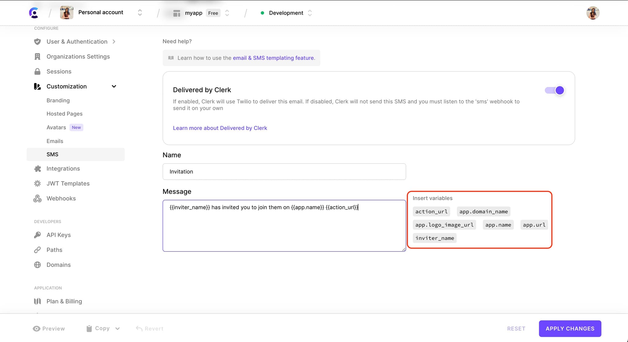 The 'Invitation' SMS template customization page. There is a red box around the 'Insert variables' section.