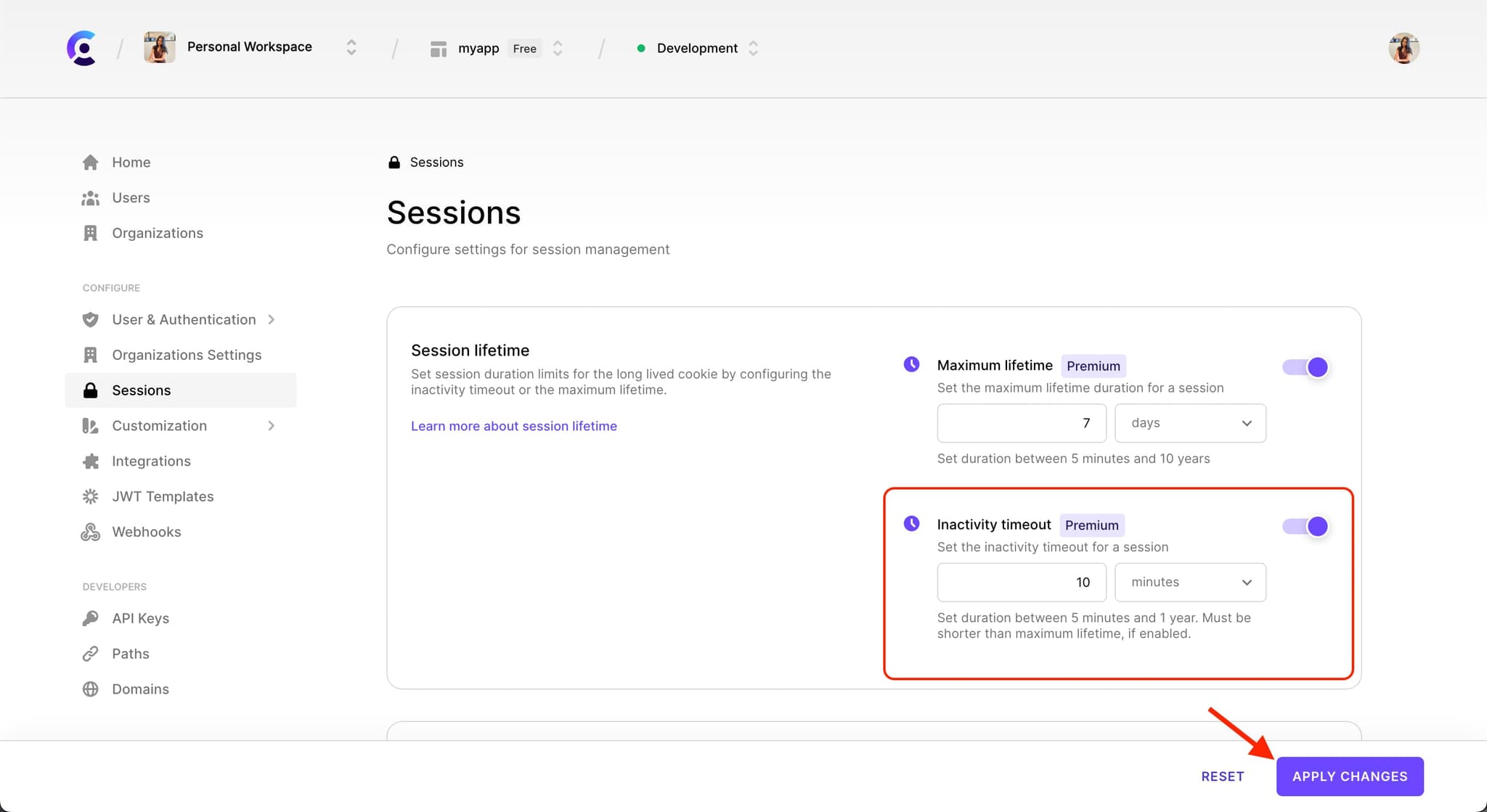 The 'Sessions' configuration section in the Clerk Dashboard with a red outline around the 'Inactivity timeout' section. This option is toggled on, revealing an input for customizing the time duration until inactivity timeout. A red arrow is pointing to the 'Apply Changes' button.