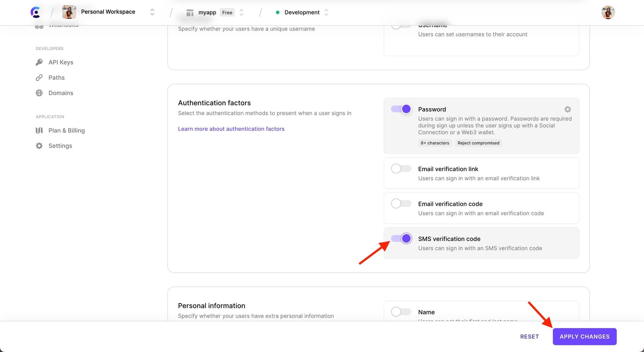 The 'Authentication factors' section under 'Email, Phone, Username' tab with a red arrow pointing to the 'SMS Verifcation Code' toggle, toggled on. There is also a red arrow pointing to the 'Apply changes' button.