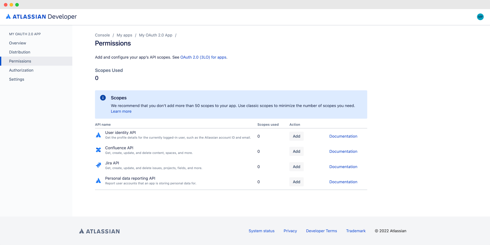 Atlassian OAuth 2.0 Integration permissions