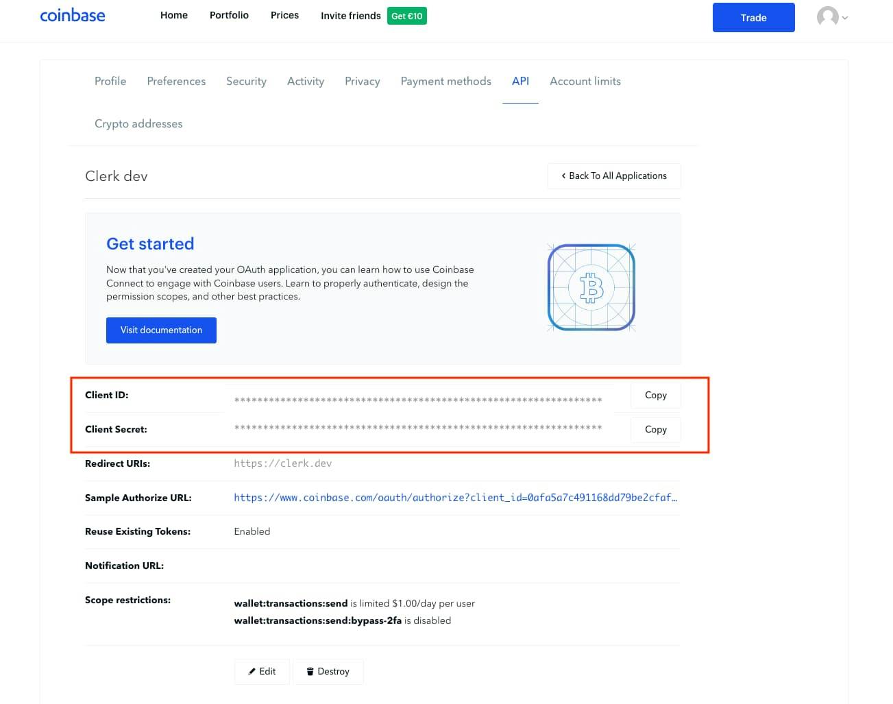 Copying the Client ID and Client Secret from the Box dashboard