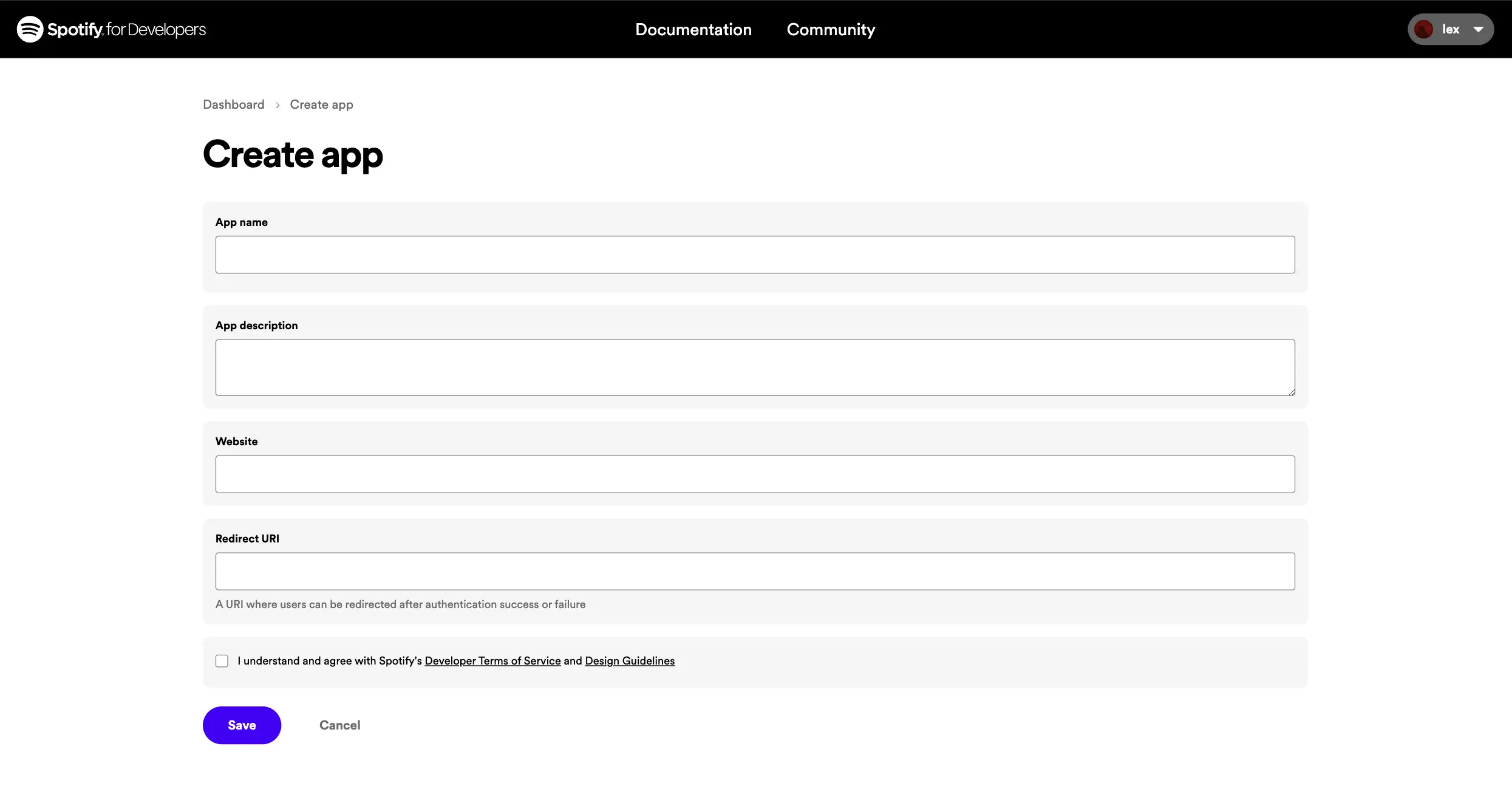 The 'Create app' form in the Spotify Developer Dashboard.