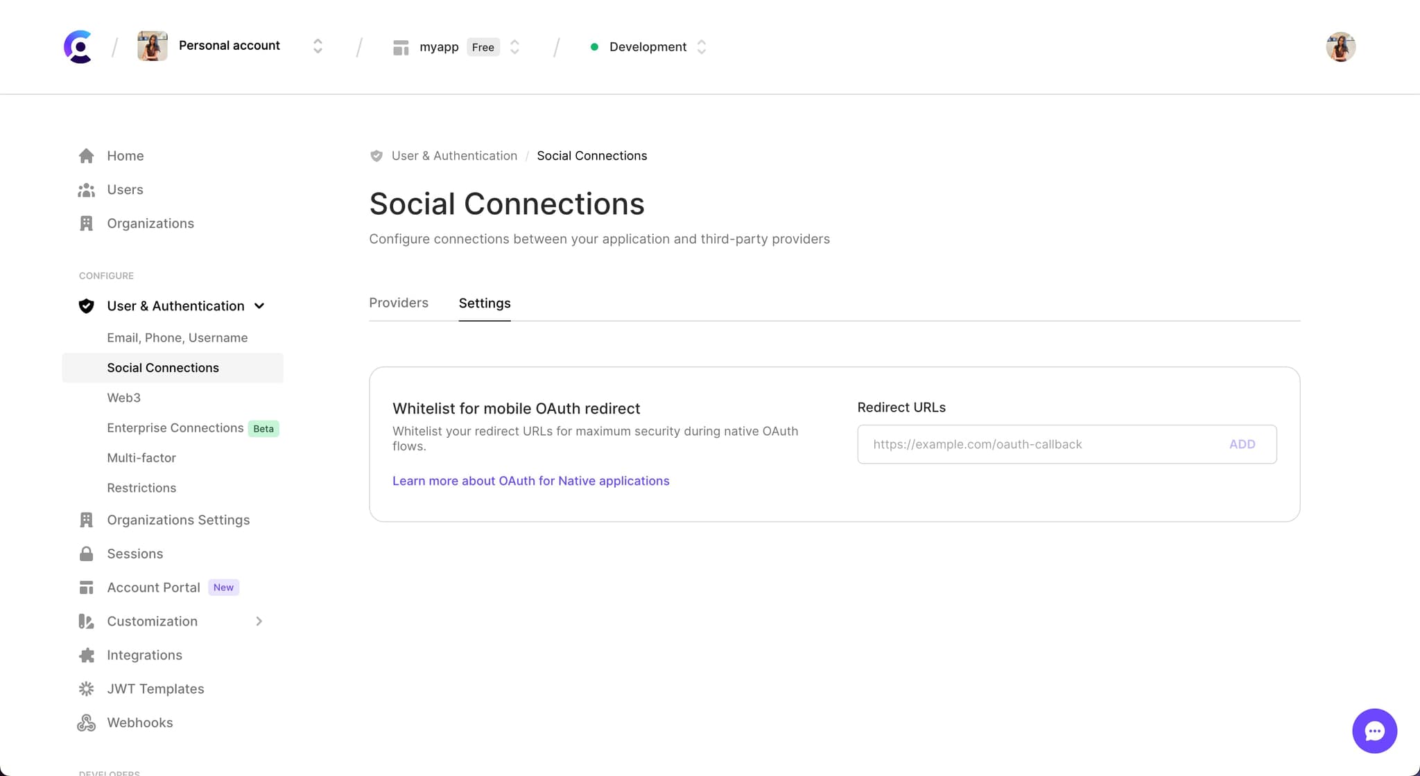 The 'Social Connections' page of the Clerk Dashboard, with the 'Settings' tab selected. The 'Settings' tab shows a section titled 'Whitelist for mobile OAuth redirect' and has an input for redirect URLs.