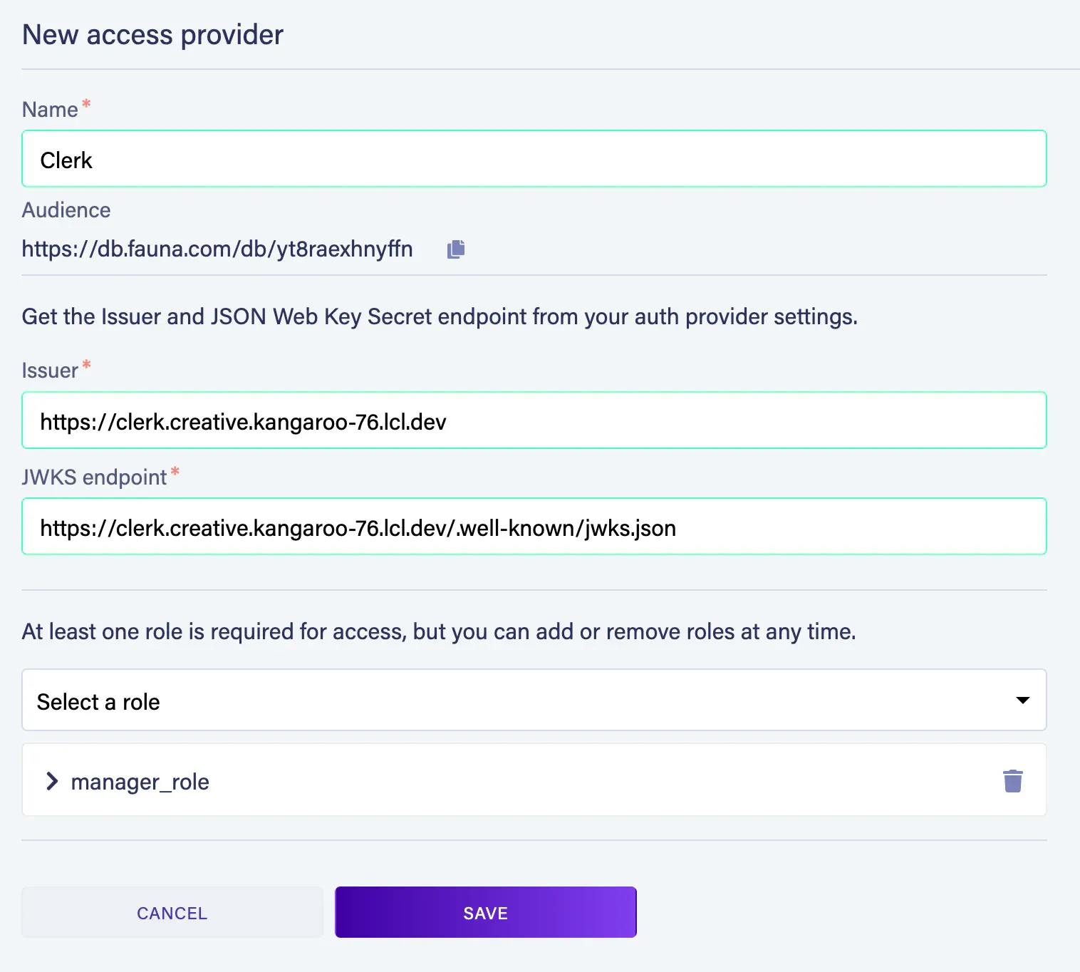 The 'New access provider' form in Fauna.