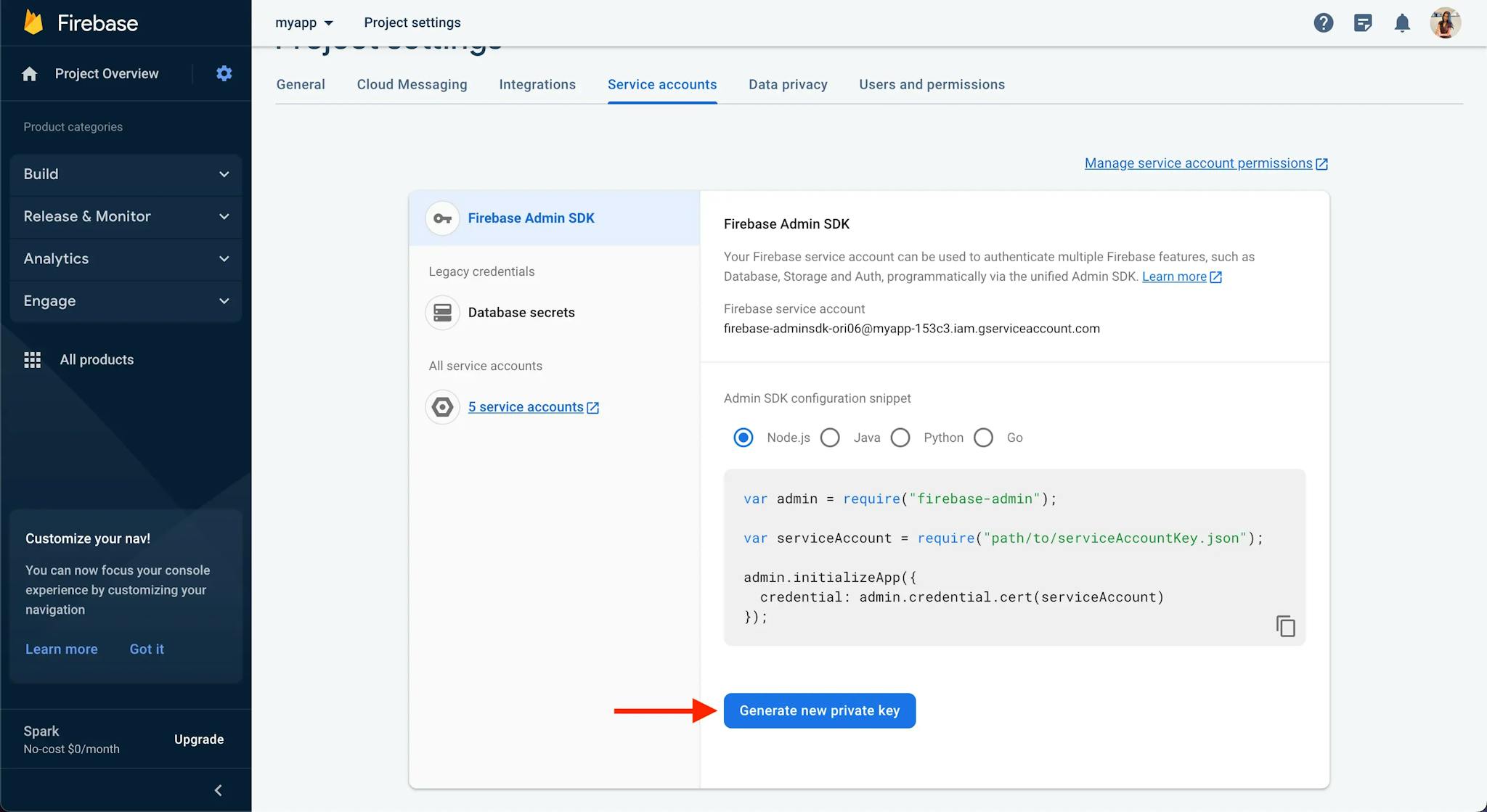 The 'Service Accounts' page in the Firebase console. A red arrow points to the 'Generate new private key' button.