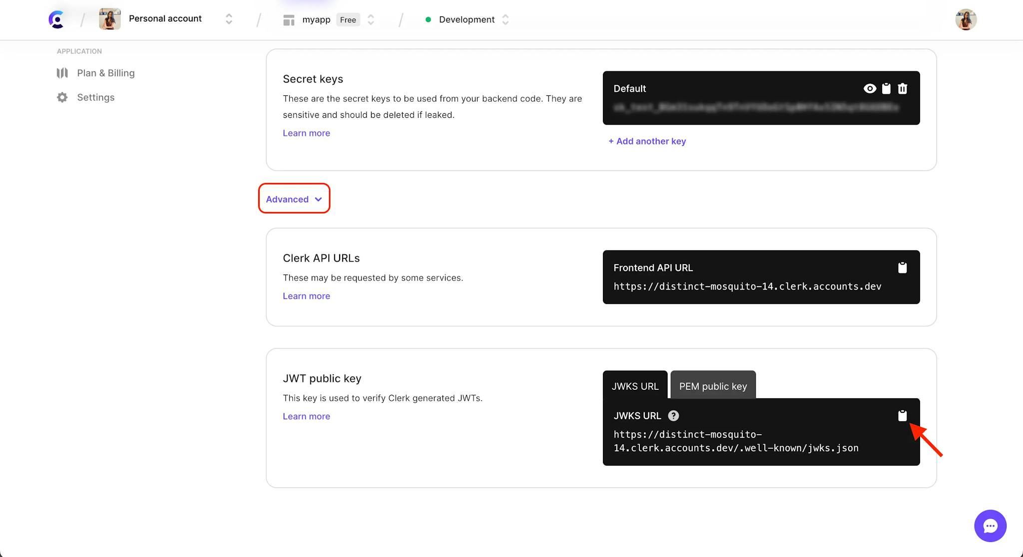 The API Keys page in the Clerk Dashboard. A red box outlines the 'Advanced' drop down button. A red arrow is pointing to the copy button next to 'JWKS URL' in the 'JWT public key' section.