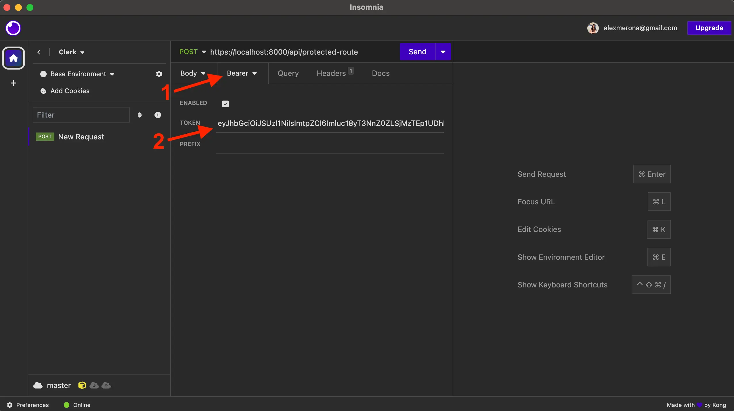 The Insomnia app with the first red arrow pointing at the Auth tab which has been switched to the 'Bearer token' option. The second red arrow points at the token field with the token pasted in.